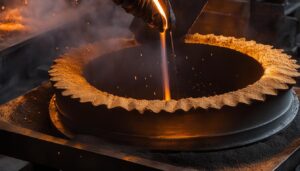 A glowing furnace pouring molten metal into a mold, with sparks flying in all directions. The mold is made of sand and has intricate patterns to create a textured surface on the finished product. The molten metal is poured slowly and carefully, filling every crevice of the mold before cooling and solidifying into a hardened carbon steel casting.