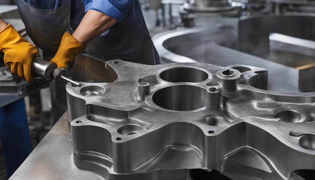 Depict a heat-resistant mold being carefully prepared and filled with molten steel, capturing the moment where the mold is slowly cooled and the steel solidifies to take on its final shape. Show the attention to detail in the process by