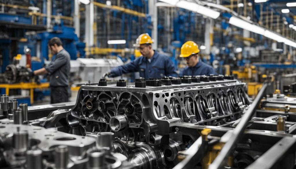A carbon steel engine block being assembled with other components in an automotive factory.