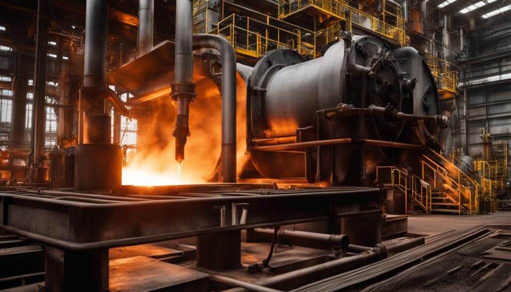 A molten metal pouring into a mold with precision equipment in the background. The setting is in an oil refinery or gas processing plant with smokestacks rising in the distance. The focus is on the intricate design of the carbon steel casting as it cools and solidifies.