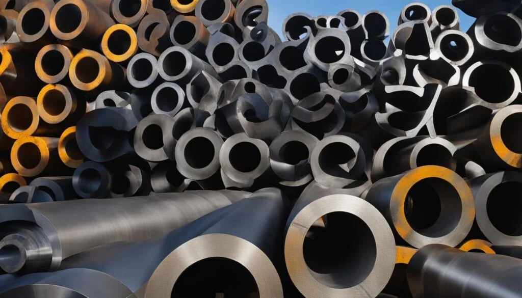 Create an image that depicts the various types of carbon steel used in casting heavy machinery. Show the differences in the carbon content, and highlight the unique properties of each type of steel, such as its strength, durability, and resistance to wear and tear. Use abstract shapes and contrasting colors to visually distinguish each type of steel from the others.