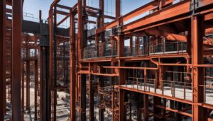 Create an image showcasing the durability and strength of carbon steel casting in the construction of modern infrastructure. Incorporate the natural environment and man-made structures to emphasize the importance of