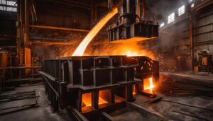 Hot molten carbon steel being poured into a casting mold, with sparks flying and flames engulfing the surrounding area."